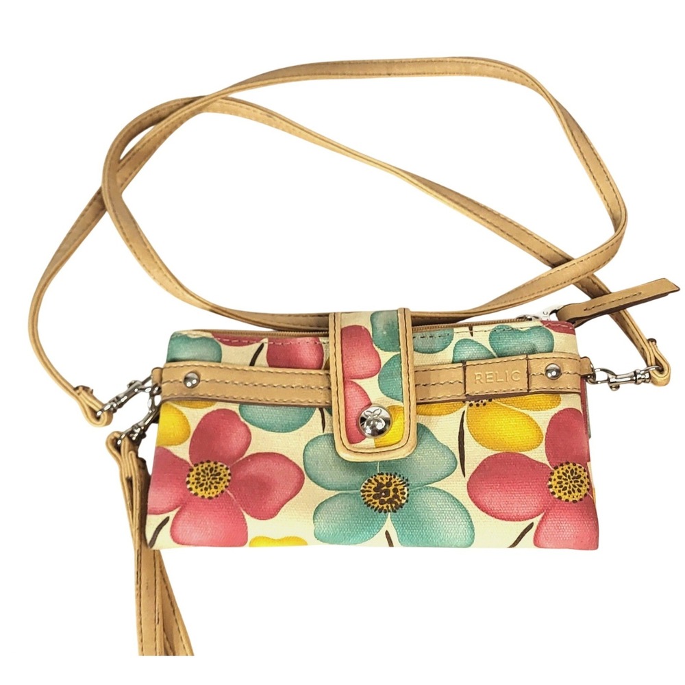 Relic Womens Floral Canvas Crossbody Wallet Wristlet Tan Multi Small Bag